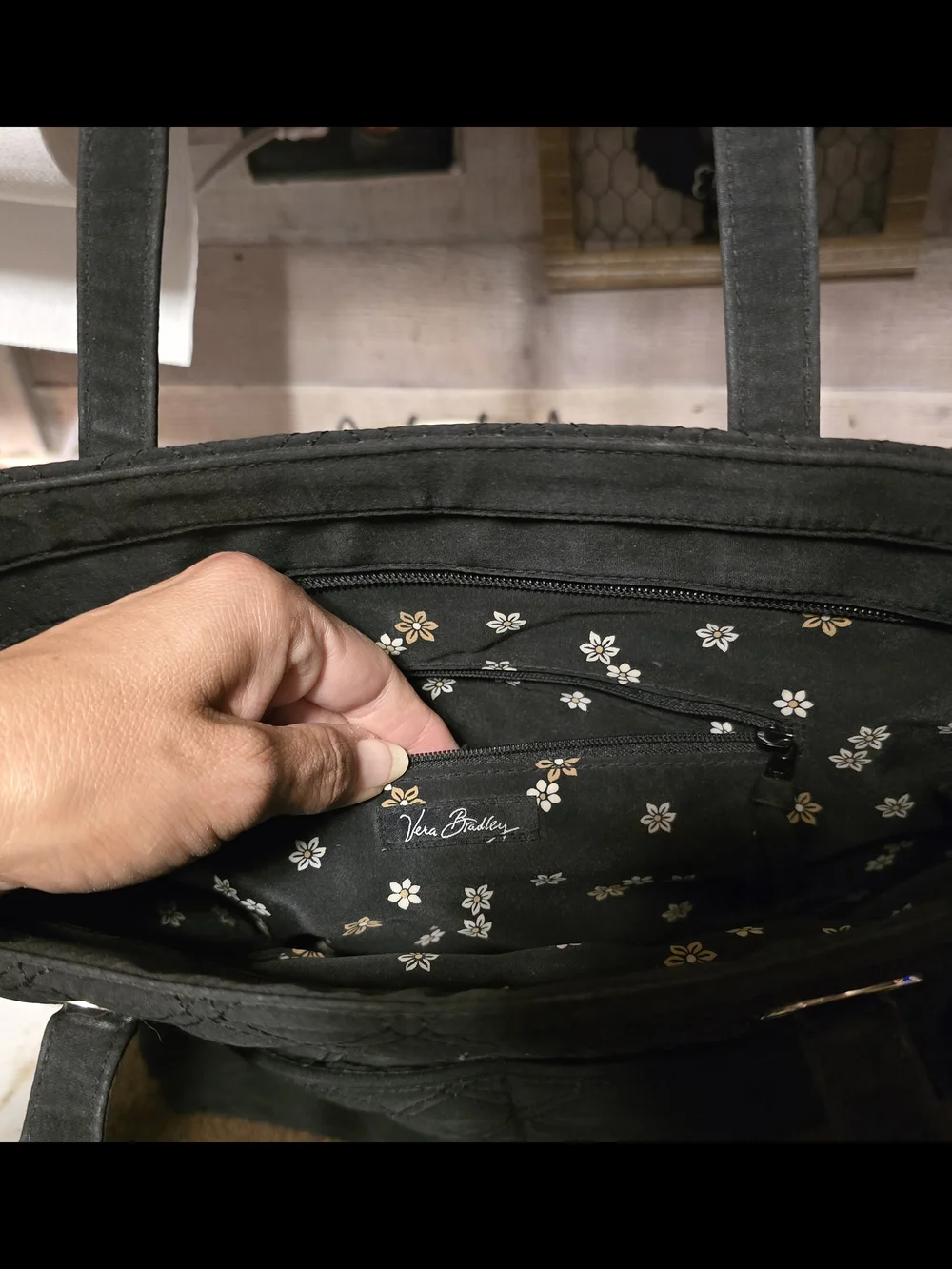 Vera Bradley Black Quilted Satchel with Ring Hardware